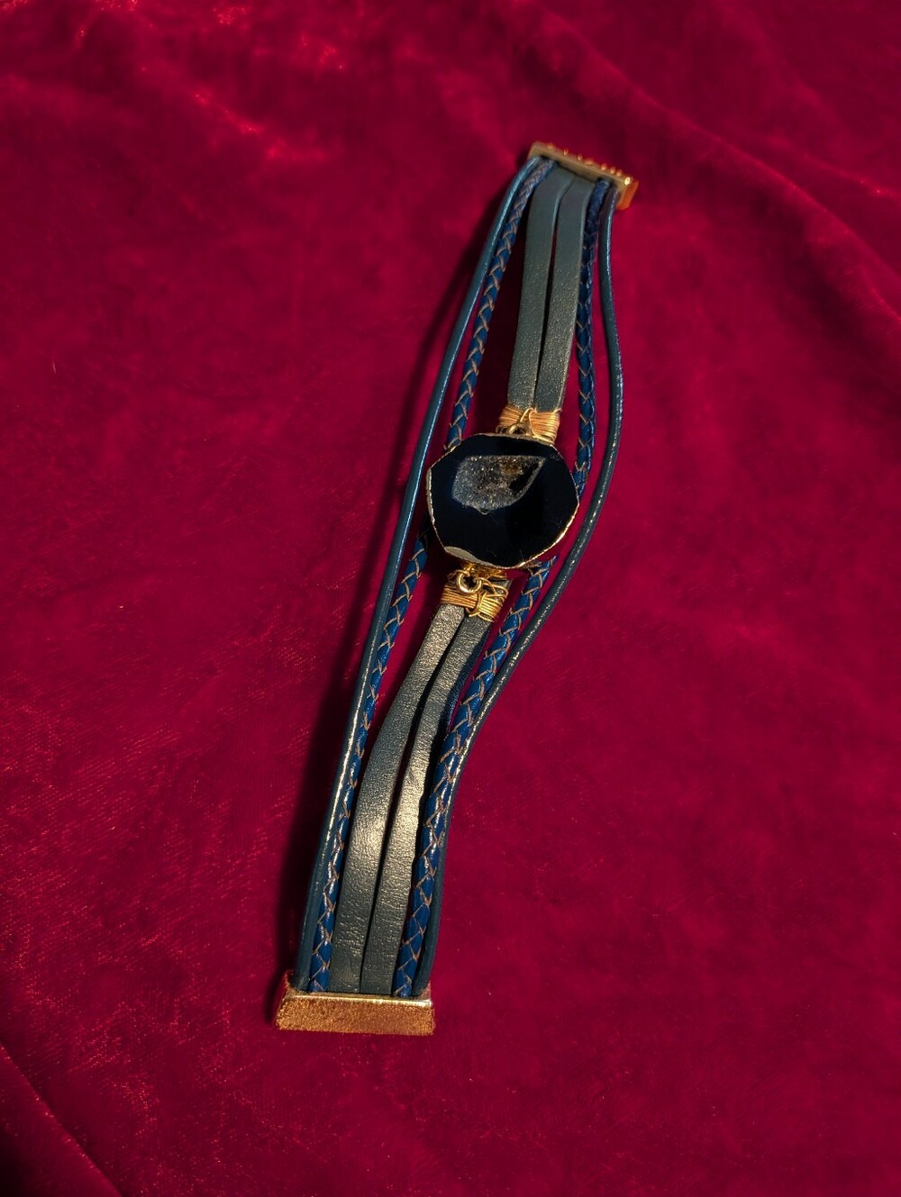 SAACHI Blue Leather Multi-Strap Bracelet with Gold Accent